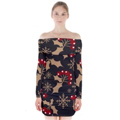 Christmas-pattern-with-snowflakes-berries Long Sleeve Off Shoulder Dress by Grandong