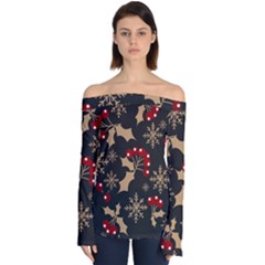 Christmas-pattern-with-snowflakes-berries Off Shoulder Long Sleeve Top by Grandong