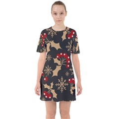 Christmas-pattern-with-snowflakes-berries Sixties Short Sleeve Mini Dress by Grandong