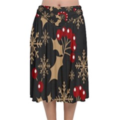 Christmas-pattern-with-snowflakes-berries Velvet Flared Midi Skirt by Grandong