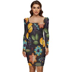 Christmas-seamless-pattern   - Women Long Sleeve Ruched Stretch Jersey Dress by Grandong