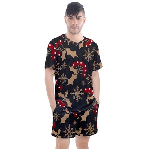 Christmas-pattern-with-snowflakes-berries Men s Mesh T-shirt And Shorts Set by Grandong