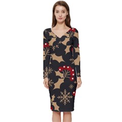 Christmas-pattern-with-snowflakes-berries Long Sleeve V-neck Bodycon Dress  by Grandong