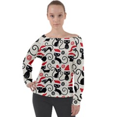 Cute Christmas Seamless Pattern Vector Off Shoulder Long Sleeve Velour Top by Grandong