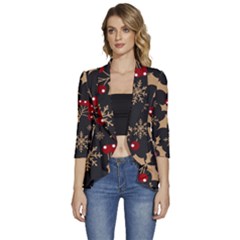 Christmas-pattern-with-snowflakes-berries Women s 3/4 Sleeve Ruffle Edge Open Front Jacket by Grandong