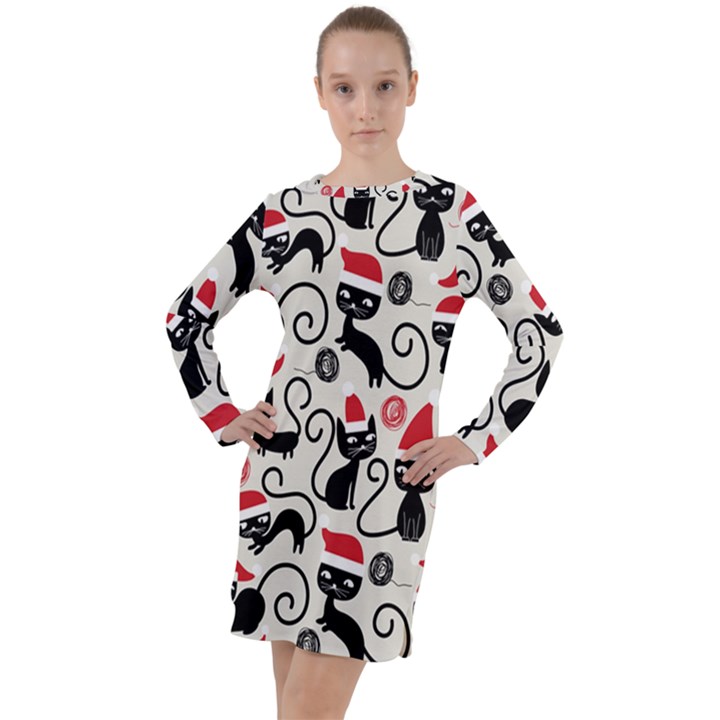 Cute Christmas Seamless Pattern Vector Long Sleeve Hoodie Dress