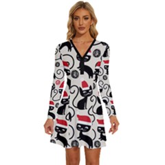 Cute Christmas Seamless Pattern Vector Long Sleeve Deep V Mini Dress  by Grandong