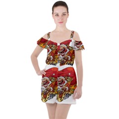 Funny Santa Claus Christmas Ruffle Cut Out Chiffon Playsuit by Grandong