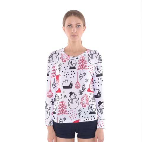 Christmas-themed-seamless-pattern Women s Long Sleeve T-shirt by Grandong