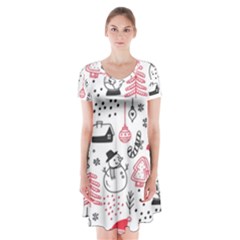 Christmas-themed-seamless-pattern Short Sleeve V-neck Flare Dress by Grandong