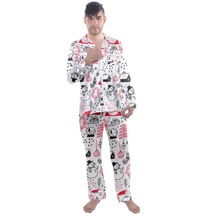 Christmas-themed-seamless-pattern Men s Long Sleeve Satin Pajamas Set