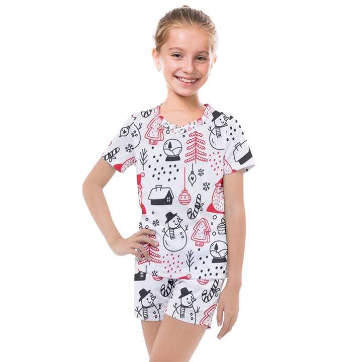 Christmas-themed-seamless-pattern Kids  Mesh T-Shirt and Shorts Set