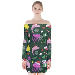 Colorful-funny-christmas-pattern   --- Long Sleeve Off Shoulder Dress by Grandong