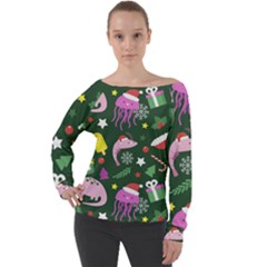 Colorful-funny-christmas-pattern   --- Off Shoulder Long Sleeve Velour Top by Grandong