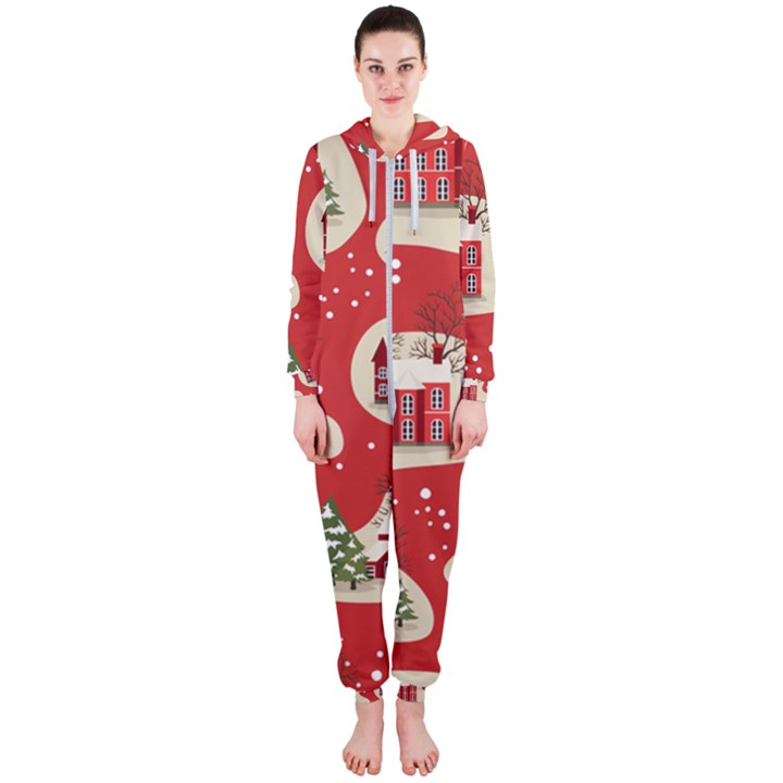 Christmas-new-year-seamless-pattern Hooded Jumpsuit (Ladies)