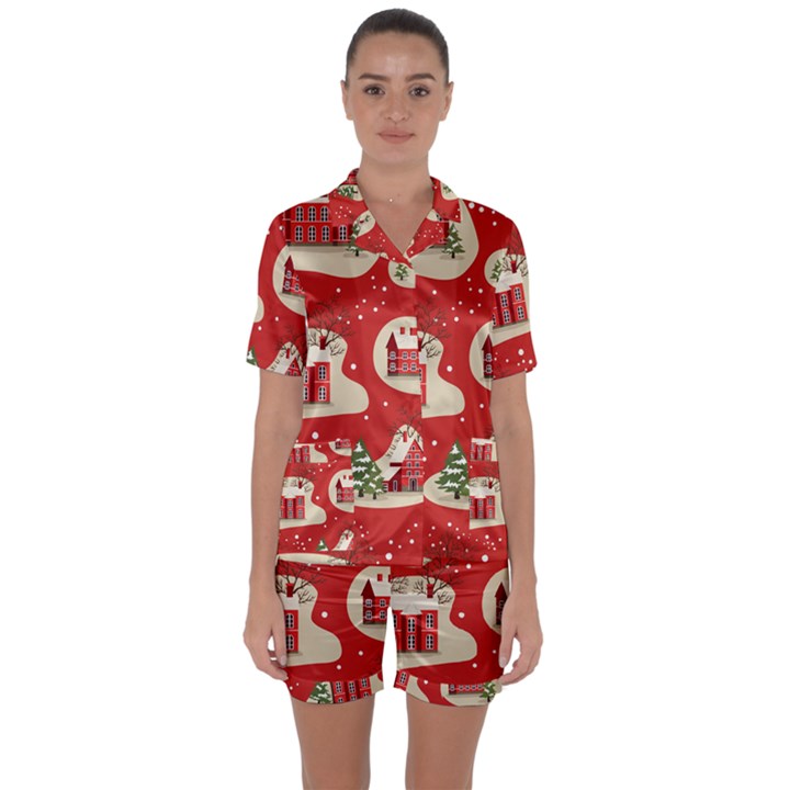 Christmas-new-year-seamless-pattern Satin Short Sleeve Pajamas Set