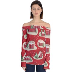 Christmas-new-year-seamless-pattern Off Shoulder Long Sleeve Top by Grandong