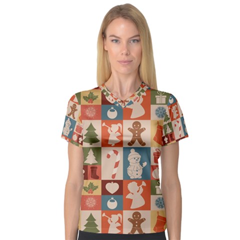 Cute Christmas Seamless Pattern Vector  - V-neck Sport Mesh T-shirt by Grandong