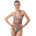 Cute Christmas Seamless Pattern Vector  - Halter Cut-Out One Piece Swimsuit View1