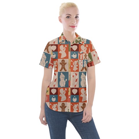 Cute Christmas Seamless Pattern Vector  - Women s Short Sleeve Pocket Shirt by Grandong