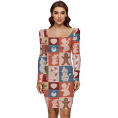 Cute Christmas Seamless Pattern Vector  - Women Long Sleeve Ruched Stretch Jersey Dress by Grandong