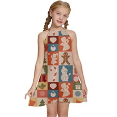 Cute Christmas Seamless Pattern Vector  - Kids  Halter Collar Waist Tie Chiffon Dress by Grandong