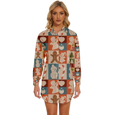 Cute Christmas Seamless Pattern Vector  - Womens Long Sleeve Shirt Dress by Grandong