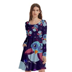 Owl-pattern-background Long Sleeve Knee Length Skater Dress With Pockets