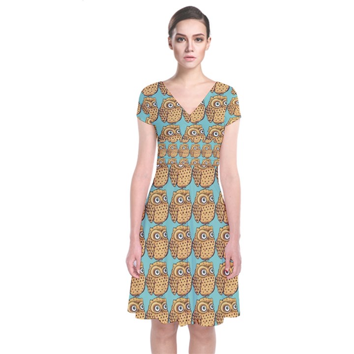 Owl-stars-pattern-background Short Sleeve Front Wrap Dress