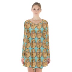 Seamless Cute Colourfull Owl Kids Pattern Long Sleeve Velvet V-neck Dress by Grandong