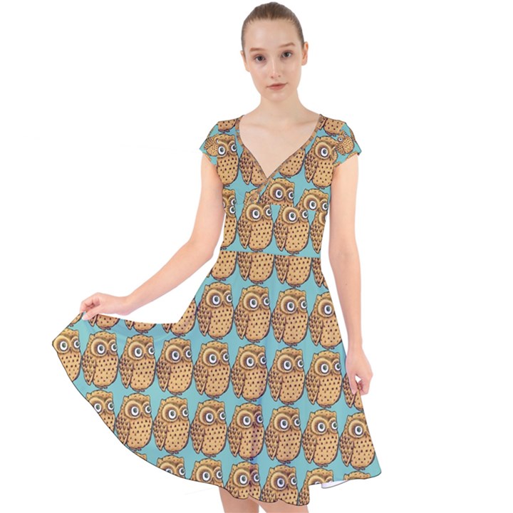 Owl-pattern-background Cap Sleeve Front Wrap Midi Dress