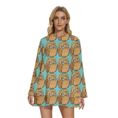 Owl Dreamcatcher Round Neck Long Sleeve Bohemian Style Chiffon Mini Dress by Grandong