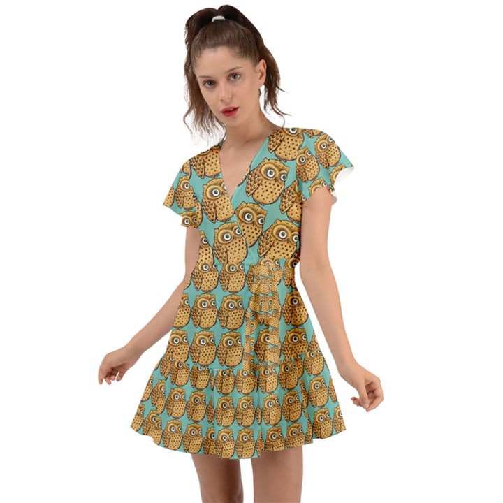 Seamless Cute Colourfull Owl Kids Pattern Flutter Sleeve Wrap Dress