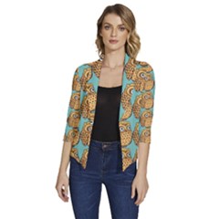 Owl-stars-pattern-background Women s Draped Front 3/4 Sleeve Shawl Collar Jacket by Grandong