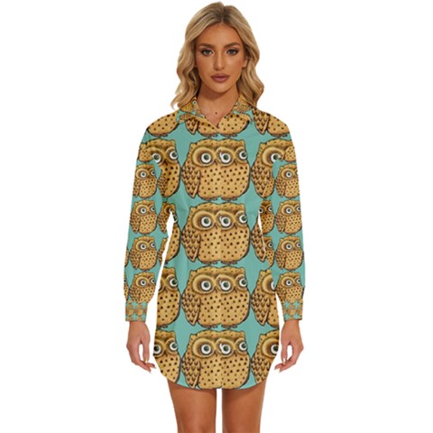 Owl-stars-pattern-background Womens Long Sleeve Shirt Dress by Grandong