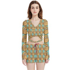 Owl Bird Velvet Wrap Crop Top And Shorts Set by Grandong