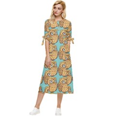 Seamless Cute Colourfull Owl Kids Pattern Bow Sleeve Chiffon Midi Dress by Grandong