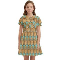 Owl-pattern-background Kids  Bow Tie Puff Sleeve Dress by Grandong