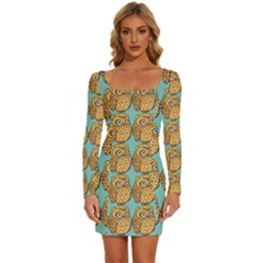 Owl-pattern-background Long Sleeve Square Neck Bodycon Velvet Dress by Grandong