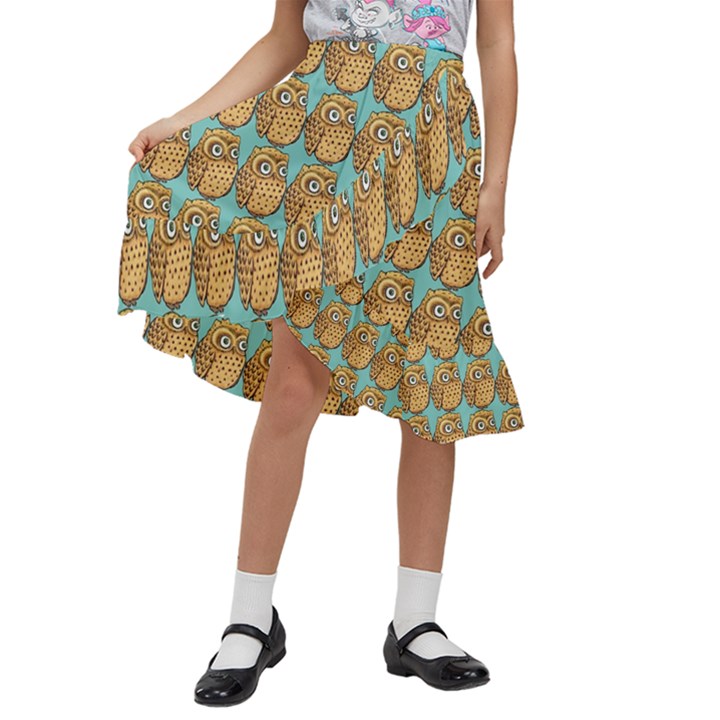 Owl Bird Cartoon Kids  Ruffle Flared Wrap Midi Skirt