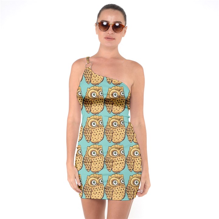 Owl Bird Pattern One Shoulder Ring Trim Bodycon Dress