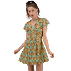 Owl Bird Pattern Flutter Sleeve Wrap Dress by Grandong