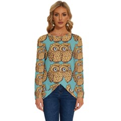 Owl Bird Pattern Long Sleeve Crew Neck Pullover Top by Grandong