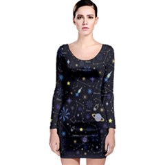 Starry Night  Space Constellations  Stars  Galaxy  Universe Graphic  Illustration Long Sleeve Bodycon Dress by Grandong