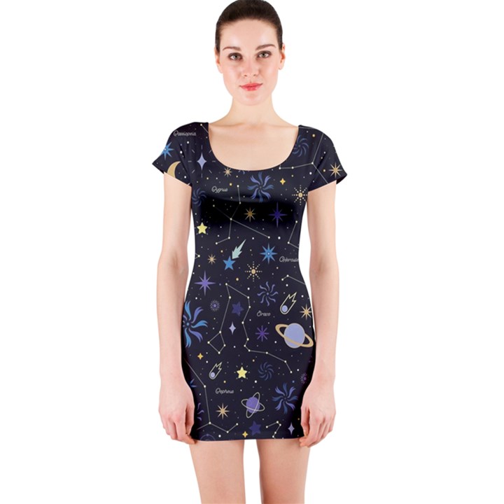 Starry Night  Space Constellations  Stars  Galaxy  Universe Graphic  Illustration Short Sleeve Bodycon Dress