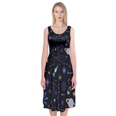 Starry Night  Space Constellations  Stars  Galaxy  Universe Graphic  Illustration Midi Sleeveless Dress by Grandong