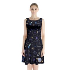 Starry Night  Space Constellations  Stars  Galaxy  Universe Graphic  Illustration Sleeveless Waist Tie Chiffon Dress by Grandong