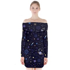 Starry Night  Space Constellations  Stars  Galaxy  Universe Graphic  Illustration Long Sleeve Off Shoulder Dress by Grandong