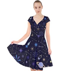 Starry Night  Space Constellations  Stars  Galaxy  Universe Graphic  Illustration Cap Sleeve Front Wrap Midi Dress by Grandong