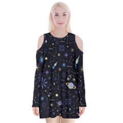 Starry Night  Space Constellations  Stars  Galaxy  Universe Graphic  Illustration Velvet Long Sleeve Shoulder Cutout Dress by Grandong